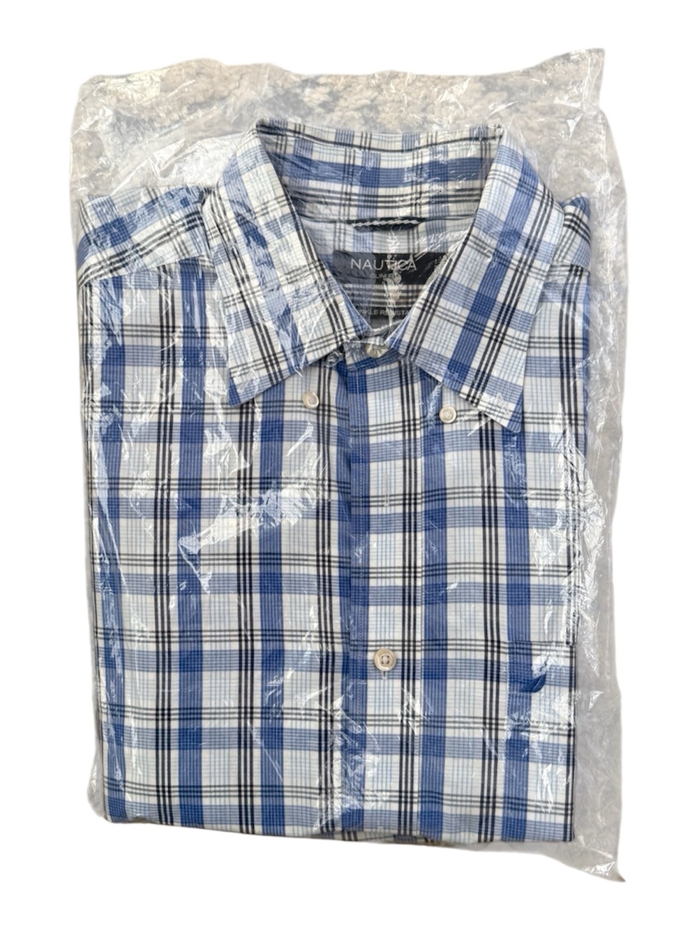 Nautica Slim Fit Men’s Blue and White Wrinkle Resistant Button-Down Shirt